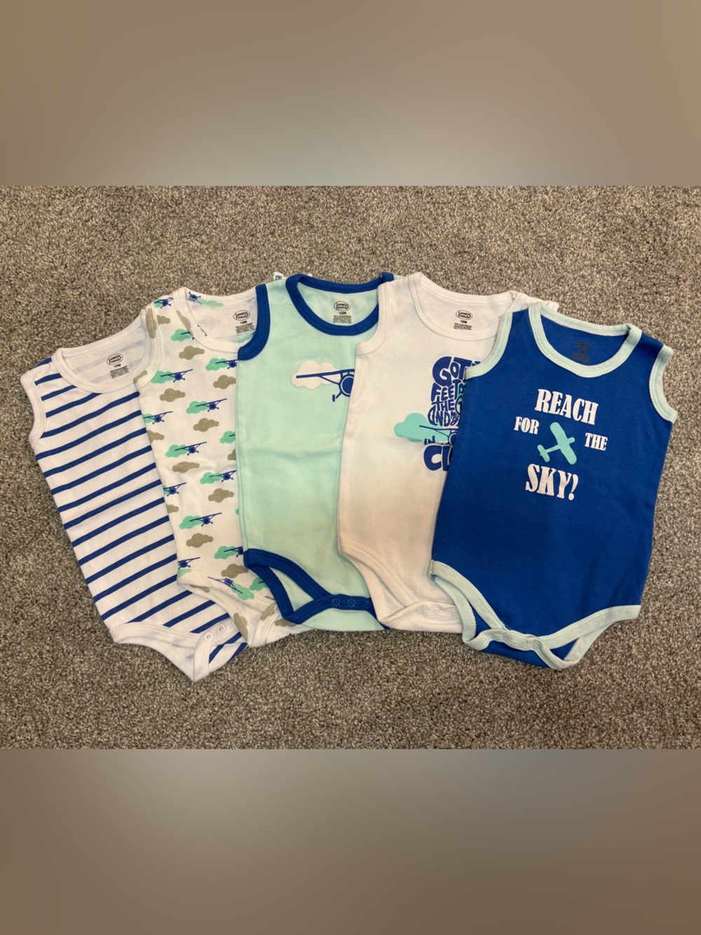 Luvable Friends Blue, White & Mint Airplane Graphic One-Piece Bodysuits - 5 Pack